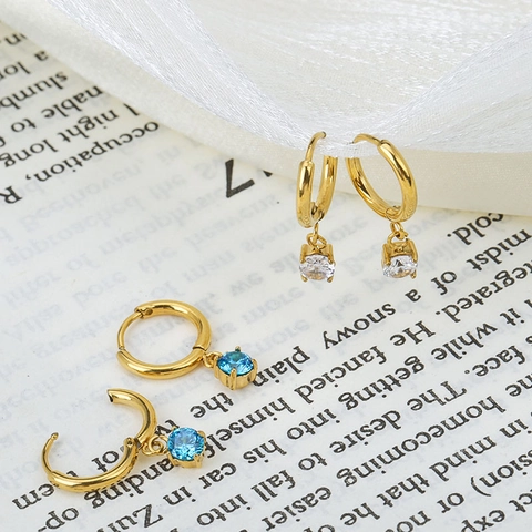 Titanium Steel Hoop Earrings With Round Zircon Pendant Gold Color Geometric Jewelry For Women