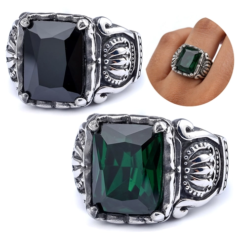 Vintage Men Signet Ring Stainless Steel With Rectangular Zircon Crown Carving Gothic Punk Jewelry