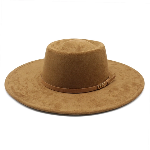 Elegant Wide Brim Boater Hat For Women Suede Polyester Flat Top Fedora With Leather Belt And Metal Buckle Travel Accessory