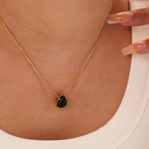 Pear Shape Green Zircon Pendant Necklace 18K Gold Plated Stainless Steel Water Drop Clavicle Chain Jewelry For Women