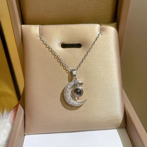 Crescent Moon Projection Necklace Titanium Steel Chain Copper Zircon Pendant Hundred Languages I Love You Romantic Gift For Her
