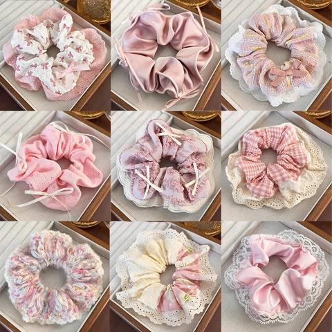 Chouchous Larges Pour Femmes Élastiques À Cheveux Avec Bordure En Dentelle Noeud Satin Tissu Polyester Côtelé Floral Vintage Printemps Été Accessoires Cheveux