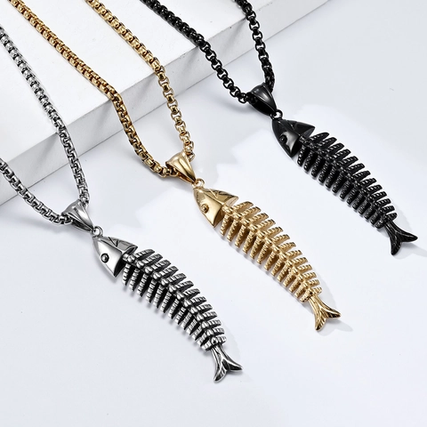 Collana Con Pendente a Lisca di Pesce Hip Hop Punk in Acciaio Inossidabile Gioielli Personalizzati Per Uomo Donna