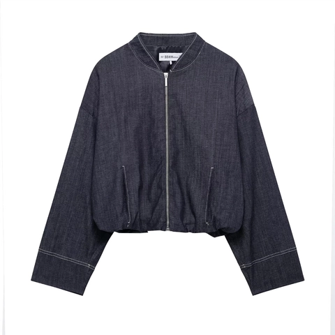 Giacca Bomber In Denim Da Donna E Gonna A Pieghe Cuciture A Contrasto Top A Maniche Lunghe Outfits Mini A Vita Alta