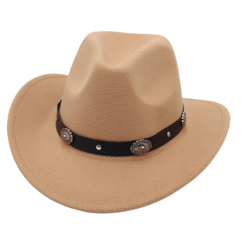 Chapeau De Cow-Boy Western Feutre De Laine Jazz Fedora Vintage Large Bord Bande En Cuir Concho Métal Unisexe Style Ethnique