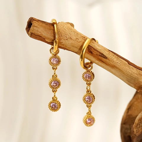 Orecchini Pendenti In Acciaio Inossidabile 304 Placcato Oro 18K Zircone Tondo Tripla Goccia Gioielli Impermeabili Donne