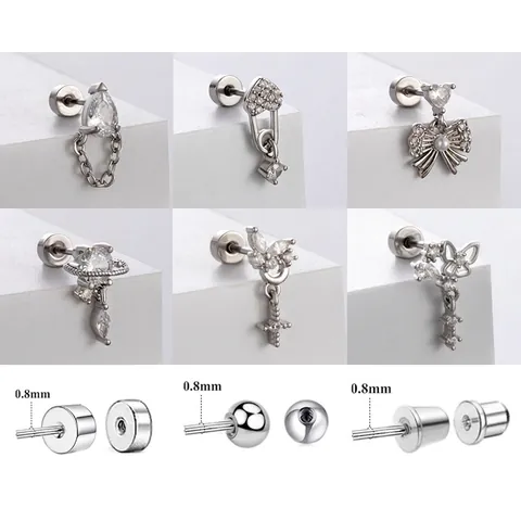 Titanium Steel Zircon Cartilage Stud Earring Heart Bow Butterfly Planet Dainty Helix Piercing Jewelry For Women