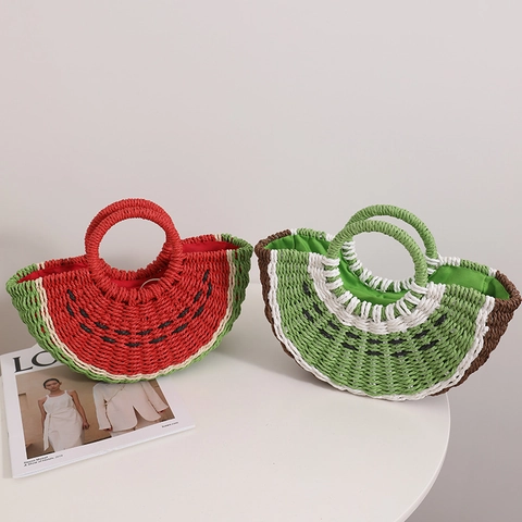 Fruit Shaped Straw Woven Handbag Watermelon Kiwi Orange Summer Beach Vacation Cute Novelty Knit Bag For Women