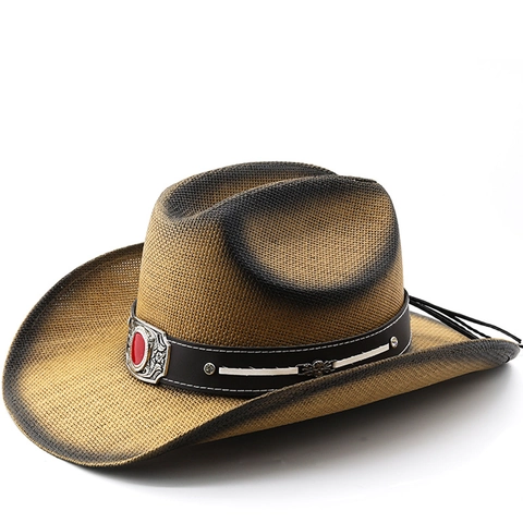 Western Cowboy Hat Paper Straw Woven Wide Brim Breathable Sun Protection Vintage Ethnic Style For Outdoor Travel Horse Riding