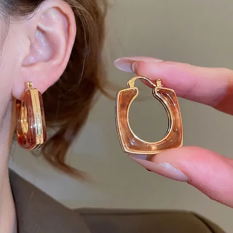 Vintage Geometrische U-Vorm Hoop Oorbellen Met Amber Hars En Koper 18K Goud Plating Zilveren Oorbel Post Stijl