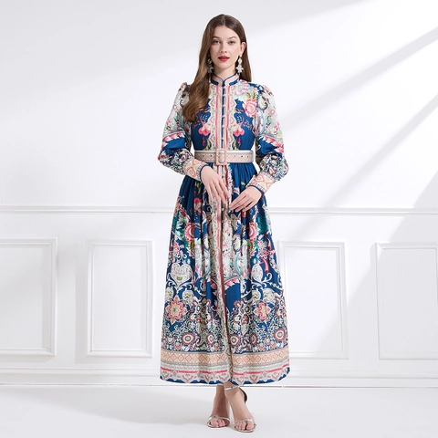 Abito Maxi Stampa Vintage Collo Alto Maniche Lunghe A Lanterna Con Cintura Retro Floreale Elegante Boho Blu Marino