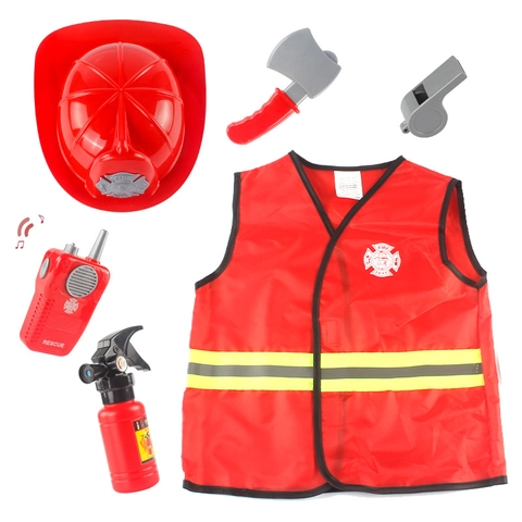 Feuerwehrmann Rollenspiel Kostüm Für Kinder Mit Roter Weste Helm Axt Spielzeug Feuerlöscher Pfeife Und Funkgerät Zubehör