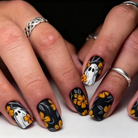 Halloween Press On Nails Matte Black Square Shape Ghost Flower Pattern Wearable False Nails For Women