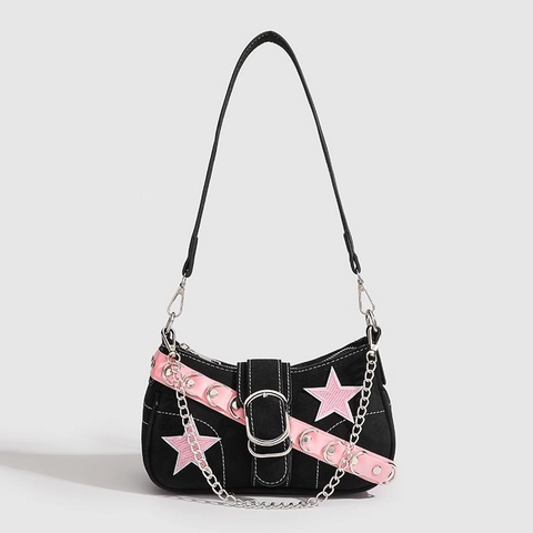 Y2K Étoile Chaîne Métallique Sac Sous l'Aisselle Cuir PU Sweet Cool Spice Girl Sac à Bandoulière Rose Noir Petit Sac