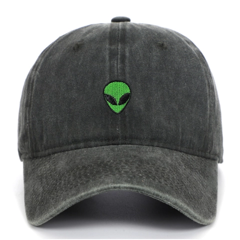 Retro Washed Cotton Baseball Cap With Green Alien Embroidery Adjustable Sunshade Dad Hat For Men Women Outdoor Casual Fashion