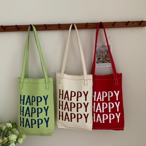 Canvas Schultertasche Tragetasche Damen Mit Buchstaben Druck Happy Magnetverschluss Einfach Lässig Vielseitig Einkaufen