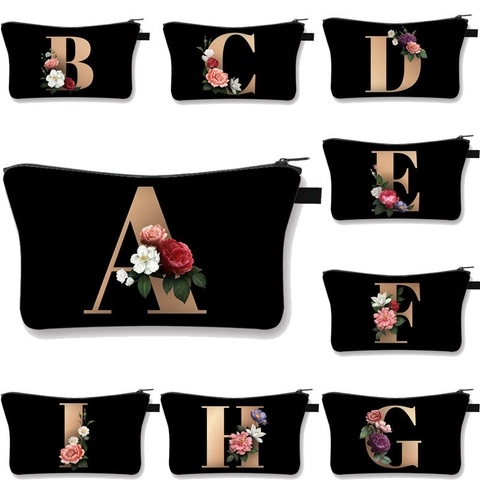 Alphabet Gold Letter Floral Print Cosmetic Bag Polyester Velvet Travel Makeup Pouch Portable Zipper Organizer