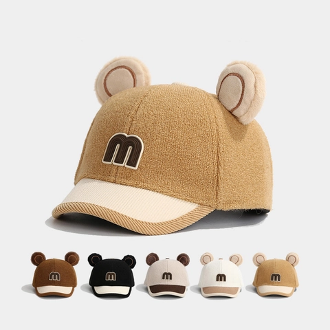 Casquette De Baseball Enfants Oreilles D'ours Polaire Velours Côtelé Hiver Chaud Color Block Bébé Lettre M