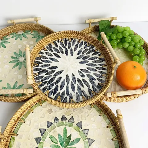 Round Rattan Woven Serving Tray With Mother Of Artificial Pearl Shell Mosaic Inlay And Wood Handles Handmade Decorative Table Basket