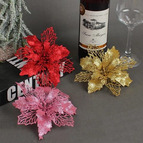 Kerst Poinsettia Kunstbloemen Glitter Plastic Hol Ontwerp Feestelijke Boom Decoratie Guirlande Ornament Bruiloft Feest