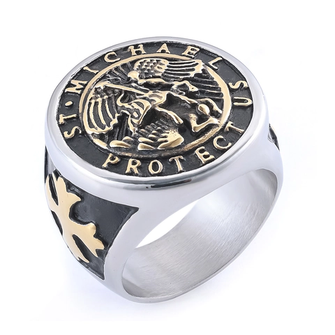 Vintage Erzengel Michael Edelstahl Siegelring Für Herren Religiös St Georg Drachen Schutz Amulett Retro Schmuck