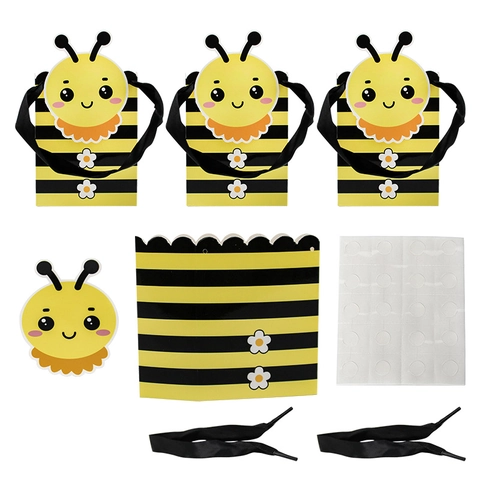 Bee Theme Candy Gift Box Paper Party Favor Bag With Ribbon Handle Yellow Black Striped Pattern For Birthday Wedding