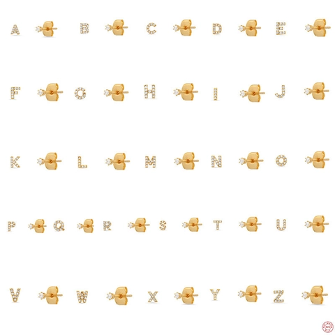 Initial Letter Stud Earrings 925 Sterling Silver With 5A Zirconia Gold Plated Asymmetrical Minimalist For Women Girls