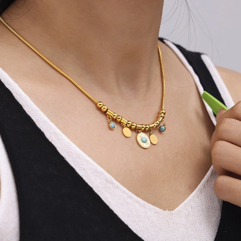 Ensemble de Bijoux Pendentif Rond Turquoise en Acier Inoxydable Plaqué Or Vintage Collier Bracelet pour Femmes