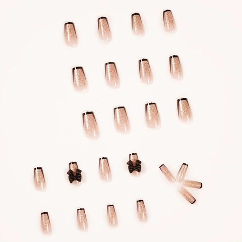 French Tip Press On Nails Long Coffin Pink Glitter Gradient With Black Bow Knot Elegant Artificial Fake Nails For Women
