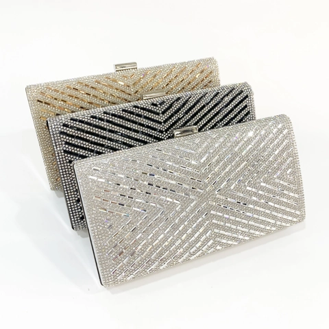 Rhinestone Evening Clutch Bag Geometric Striped Hard Shell Purse For Women Party Wedding Banquet Formal Metal Frame
