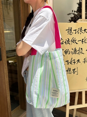 Striped Canvas Tote Bag Large Capacity Shoulder Handbag Aesthetic Contrast Strap Women Casual Daily School Bag