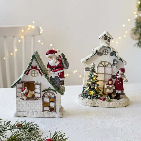 Glühende LED Weihnachten Harz Desktop Ornamente Miniatur Haus Auto Weihnachtsmann Urlaub Haus Dekor Geschenk