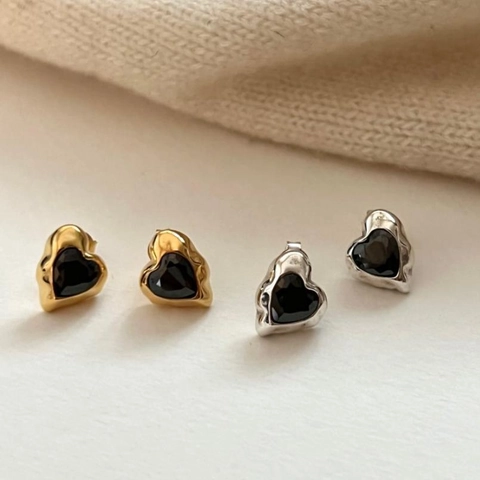 Heart Stud Earrings With 925 Sterling Silver Earring Post Black Zircon Irregular Lava Texture Minimalist Jewelry For Women