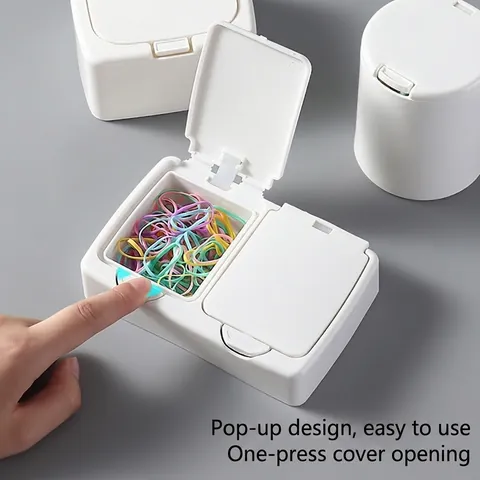 Mini Desktop Storage Box Press Pop Up Lid Plastic Dustproof Organizer For Cotton Swab Cosmetic Pad Jewelry Minimalist White