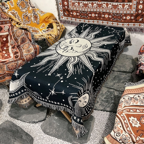 Bohemian Woven Cotton Blanket Sun Moon Star Pattern Tassels Camping Picnic Sofa Throw Wall Hanging