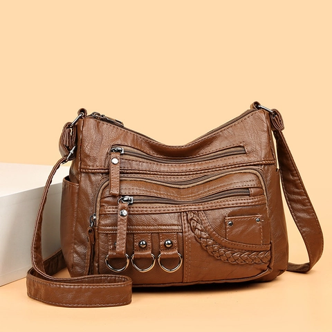 Damen PU Leder Umhängetasche Multi-Tasche Gewebtes Detail Schultertasche Weiche Streetwear Lässige Große Kapazität