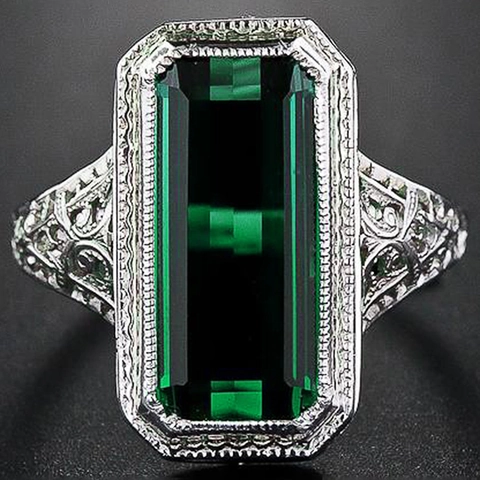 Anello Vintage Art Deco Da Donna Taglio Smeraldo Vetro Verde Gioielli Dichiarazione Filigrana Cava Rame Placcato Platino
