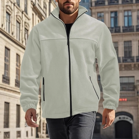Men Fleece Jacket Stand Collar Full Zipper Outdoor Warm Solid Color Casual Coat Sporty Outwear