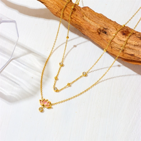 Double Layer Lotus Flower Pendant Necklace Stainless Steel Gold Plated Enamel Zircon Titanium Steel Women Jewelry