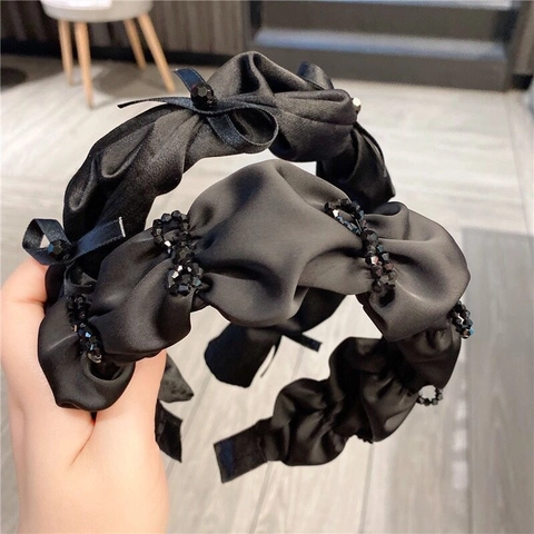 Diadema De Satén Plisada Elegante Cinta Para El Pelo De Color Sólido Con Diamantes De Imitación De Cristal Lazos De Cuentas Accesorios Para El Cabello Hechos A Mano Para Mujeres