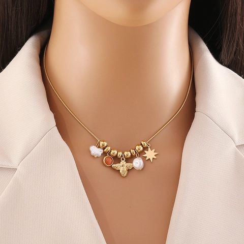 Roestvrijstalen Slangenketting Ketting Met Meerdere Hangers Bloem Bij Kunstparel En Hart Mode Sieraden Voor Dames