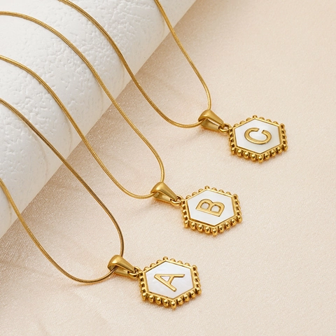 Hexagon Initial Pendant Necklace Stainless Steel 18K Gold Plated Mother Of Artificial Pearl Alphabet Letter Snake Chain For Women