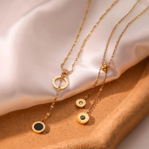 Roestvrijstalen Ketting Verguld Romeinse Cijfers Geometrische Hanger Zirkoon Ingelegd Y-Vorm Lariat Mode Sieraden