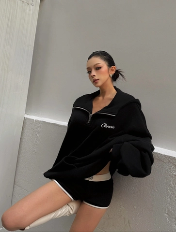 Sudadera Con Capucha Oversize De Algodón Para Mujer Media Cremallera Estampado De Letras Ajuste Holgado Streetwear Negro