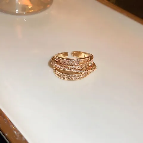 Women Multi Layer Open Ring Copper Gold Plated With Micro Pave Cubic Zirconia Geometric Wave Design Fashion Jewelry