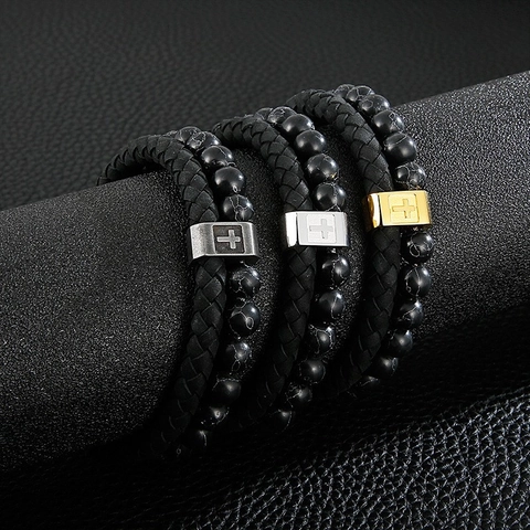 Pulsera Hombre Doble Capa Acero Inoxidable Cruz Cierre Magnético Cuero Trenzado Cuentas Mármol Negro Joyería Moda Religiosa