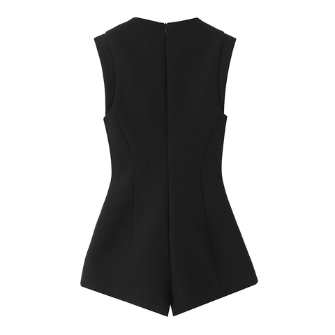 Women Black Denim Romper With Rhinestone Buttons Sleeveless Back Zipper Elegant Slim Fit Party Jumpsuit