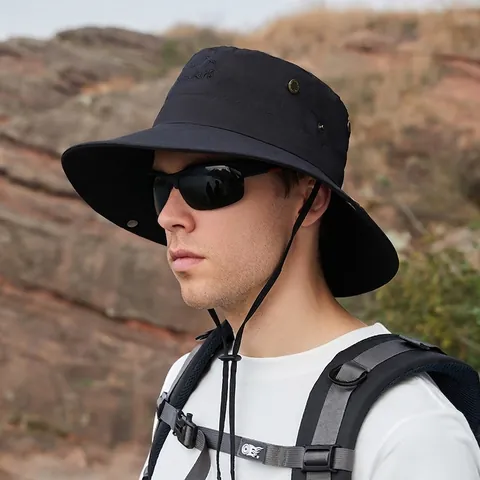 Wide Brim Bucket Hat Sun Protection Outdoor Hiking Fishing Adjustable Chin Strap Breathable Polyester Sunshade Hat
