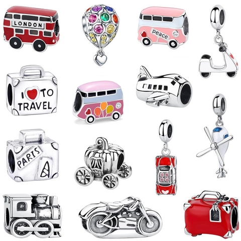 925 Sterling Silver Charms Beads For DIY Bracelet Travel Transportation Bus Plane Train Luggage Enamel Jewelry Making