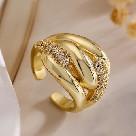 Anillo Ajustable Mujeres Cobre Chapado En Oro 18K Circonita Geométrico Estrella Minimalista Joyería